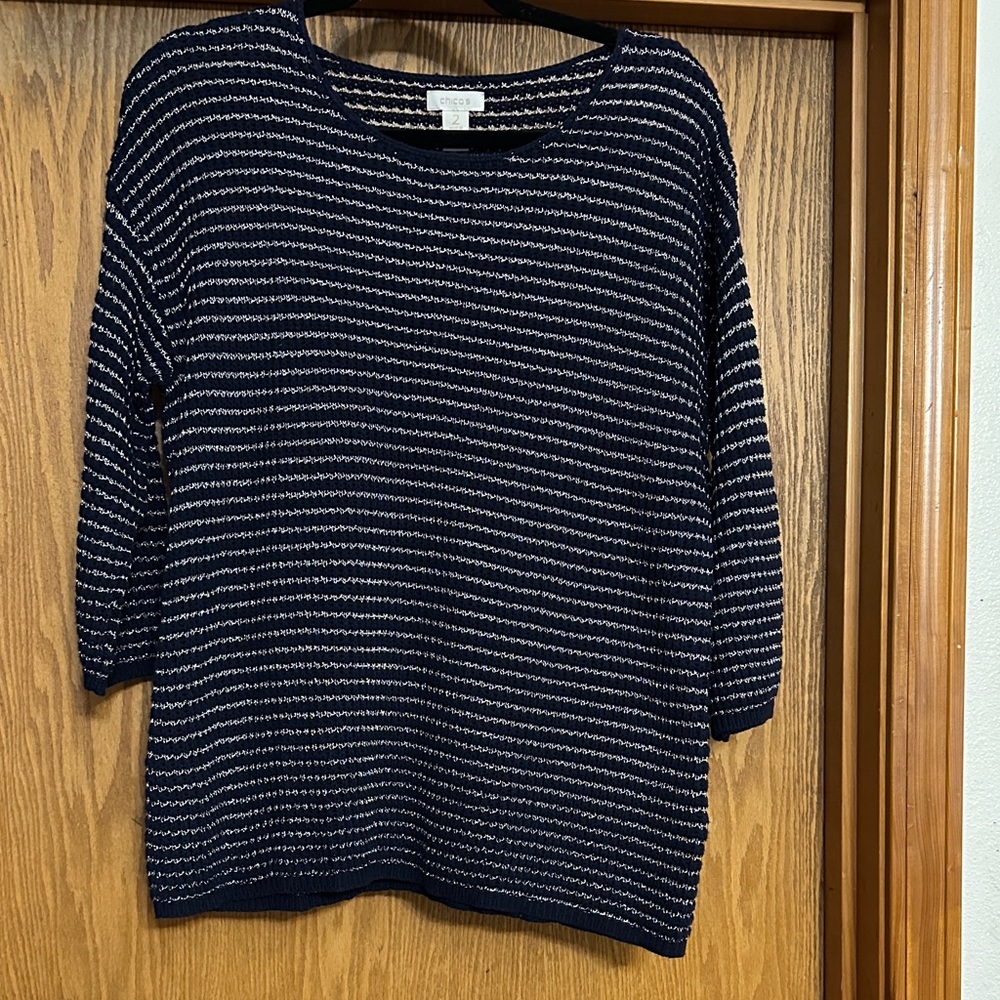 Chico's Navy and Silver Striped Sweater